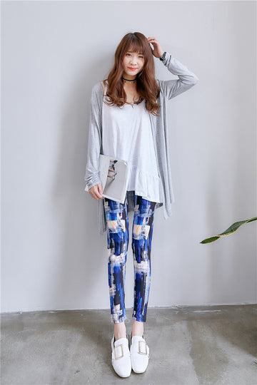 Blauwe met creme legging met abstracte blokprint